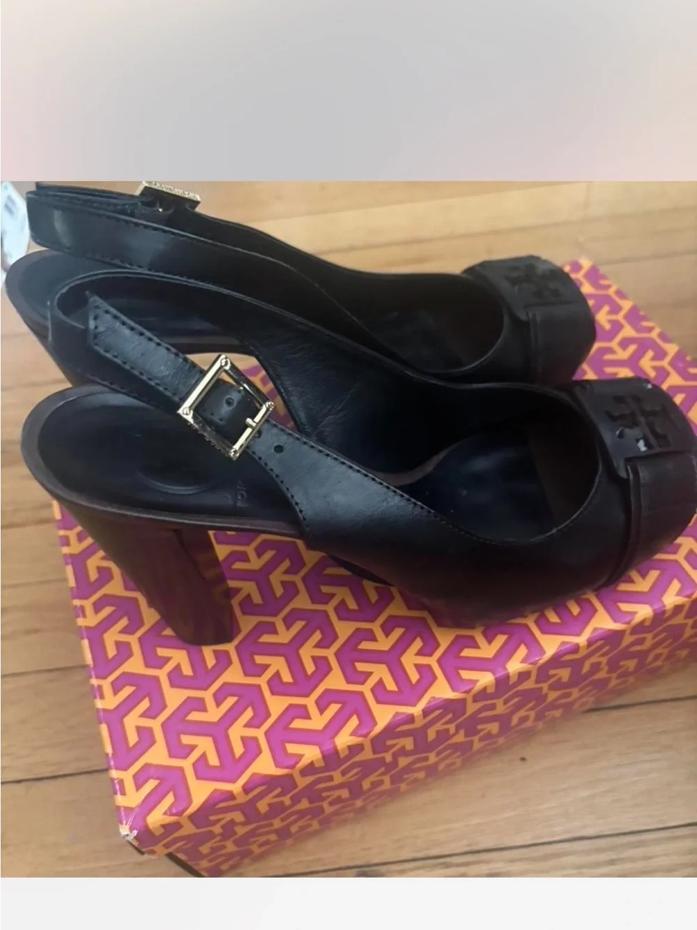Tory Burch Black Leather Peep-Toe Logo Bow Slingback Heels